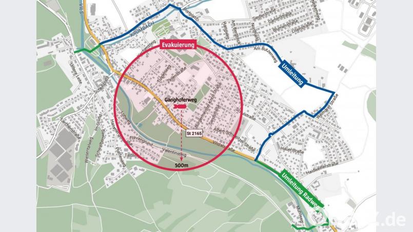 Der Sperrkreis und die Umleitung, die in Kümmersbruck für den Verkehr eingerichtet wird, wenn am Samstag tatsächlich eine Bombe entdeckt wird und entschärft werden muss. Bild: Polizeiinspektion Amberg