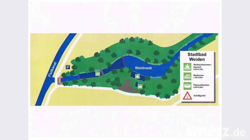 Der Bereich östlich des &quot;Kinderbads&quot; soll von Schwimmern nicht mehr genutzt werden dürfen. Dieser Bereich gehört künftig den Kanuten. Bild: Quelle: Stadt Weiden/BSG Consult, Design: Bremicker Verkehrstechnik GmbH, Weilheim