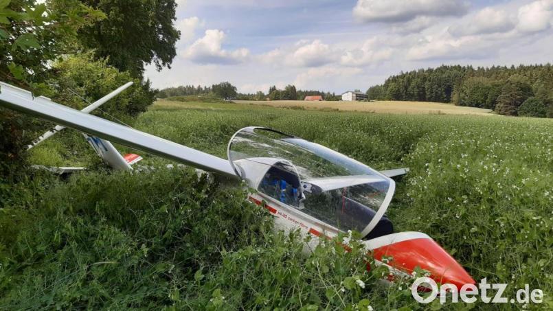 Bruchlandung in einem Feld zwischen Eppenreuth und dem Hotel Igel: Der Pilot des Segelflugszeugs kommt mit leichten Verletzungen ins Klinikum nach Weiden. Bild: Lowak