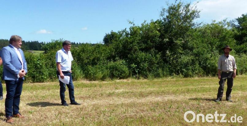 Naturparkranger Jonas Nebhiebel (rechts) bringt Norbert Bleisteiner und Bürgermeister Stefan Braun (links) sowie dem Kastler Publikum die Heckenpflege mit schwerem Gerät nahe. Bild: jp