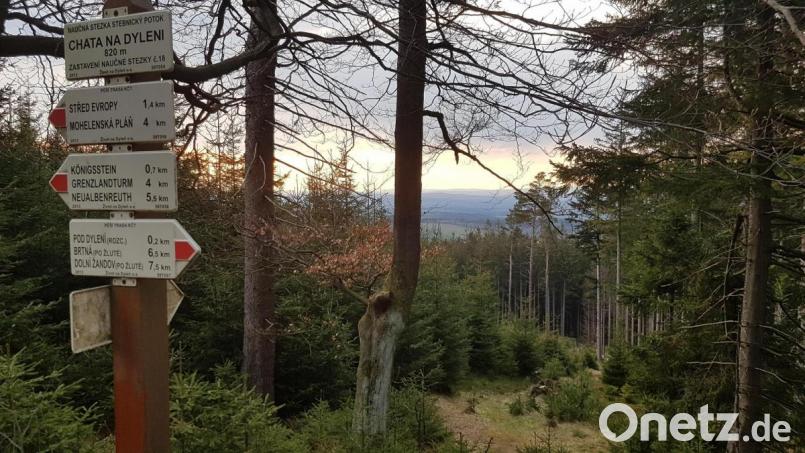 Ein Wegweiser mit vielen Wanderzielen auf bayerischer und tschechischer Seite am Tillenberg. Es ist auf beiden Seiten der Grenze beliebtes Naherholungsgebiet. Der geplante Wiederaufbau der Schutzhütte ist jetzt auf Eis gelegt worden. Bild: rti
