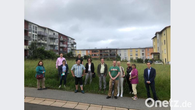 Auf der Wiese zwischen den Wohnhäusern an der Martin-Luther-Straße (links) und der Ringstraße (rechts) soll der zwei- und dreigeschossige Wohnblock in L-Form entstehen. Dadurch sehen aber Anwohner ihre Lebens- und Wohnqualität stark beeinträchtigt. Einige von ihnen schilderten am Donnerstagabend die Situation vor Ort. Im Hintergrund: das Senioren-Servicehaus. Bild: Ryba/fph
