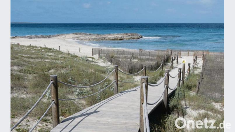 Das Meer wartet: Der Steg-Zugang zum Strandbereich Llevant im Norden. Bild: Andreas Drouve/dpa