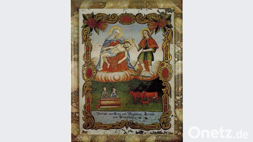 Dieses Votivbild von Carl Ruff dem Älteren mit einer Pieta und dem heiligen Wendelin weißt die typische Dreiteilung mit Schriftzug, Tiermotiv und dem angerufenen Heiligen auf. Bild: amö