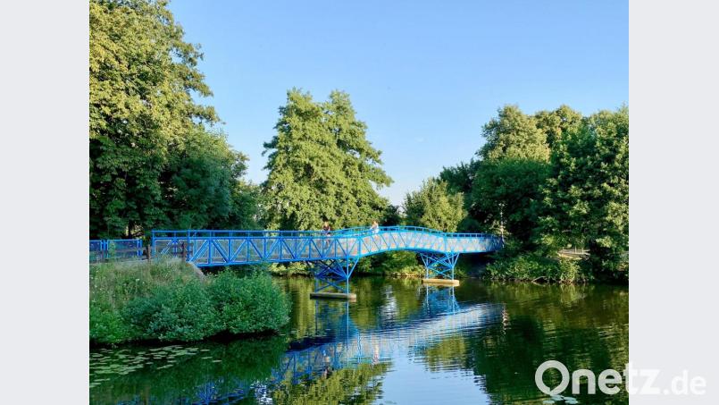 Diese kleine, blaue Brücke führt über den Vechtesee. Bild: Wolfgang Stelljes/dpa