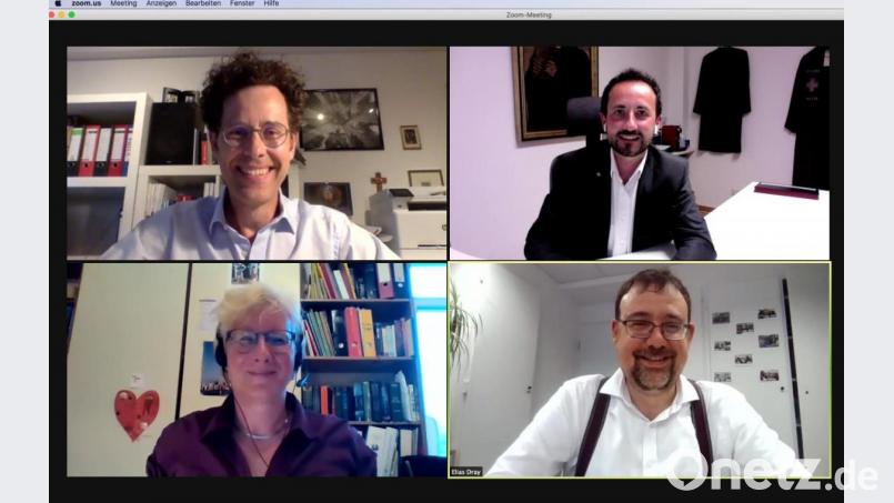 Axel Töllner, Stefan Fischer, Bettina Hahn und Elias Dray referierten in einer Zoom-Veranstaltung über christlich-jüdisches Zusammenleben in Vergangenheit und Gegenwart. Screenshot: wku