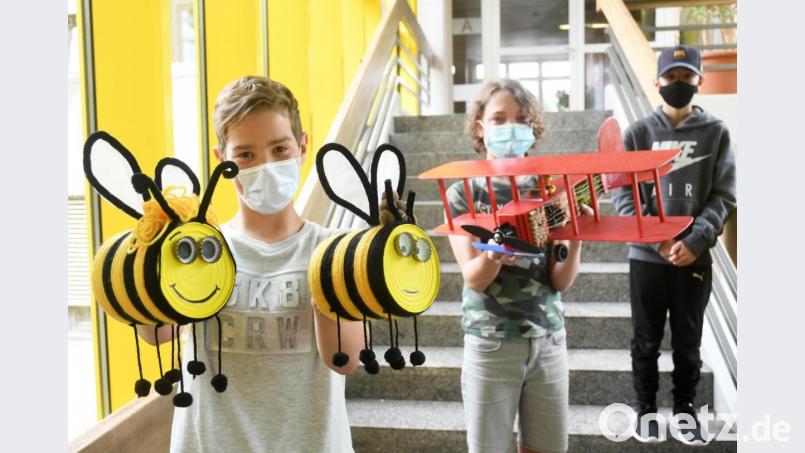 Die Bienchen von Matteo Böhm siegten vor dem Flugzeug von Jan-Nicolas Reil und dem Insektenhotel von Maximilian Scheirer, das bereits im Garten hängt (von links). Bild: Gabi Schönberger
