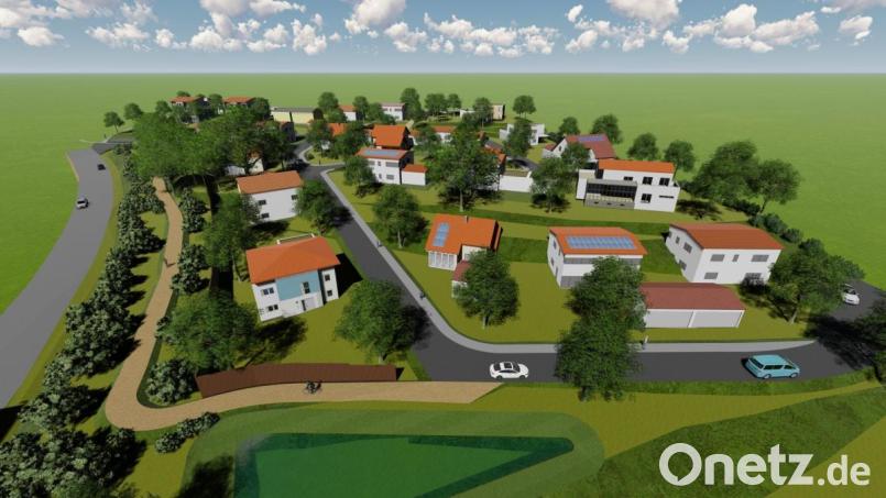 Eine Visualisierung des beauftragten Stadtplaners zeigt einen Draufblick auf das geplante Baugebiet „Traunricht Südhang“. Links führt die Staatsstraße 2151 vorbei (Regensburger Straße), unten schließt sich die Reitanlage Rittmeyer an, oben verliefe der Poststeig. Grafik: Dykiert Ingenieurbüro EBB/exb