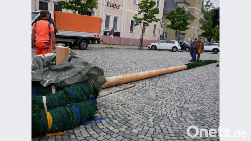 Mit tatkräftiger Unterstützung von drei Mitarbeitern des städtischen Bauhofs bauten Karlheinz Hoyer und Florian Ernst den Waldsassener Maibaum auf dem Johannisplatz ab. Bild: hmr