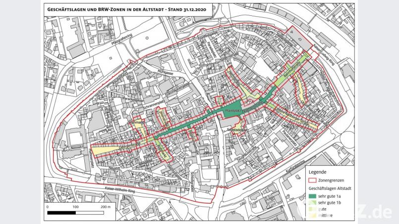 Aus dieser Karte geht hervor, wo in der Amberger Altstadt die Grundstücke am meisten kosten. Der grüne Bereich ist die sogenannte 1a-Lage Grafik: Stadt Amberg/exb