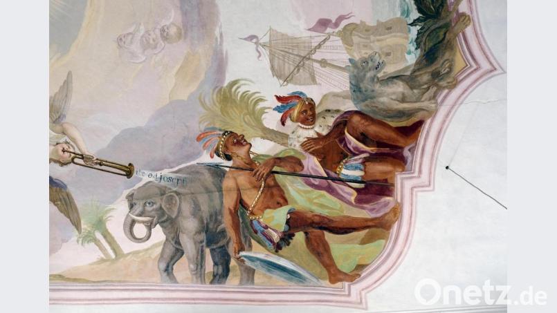 Ein Teil des Deckengemäldes: So stellte sich der Künstler den Kontinent Afrika vor. Bild: Josef Schmaußer