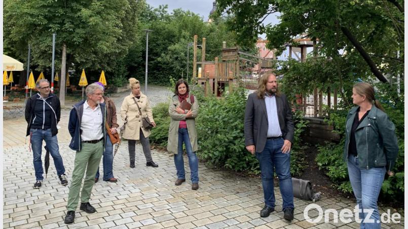 Anton Hofreiter (Zweiter von rechts) spazierte am Freitag mit Parteimitgliedern durch den Schwandorfer Stadtpark. Bild: jus