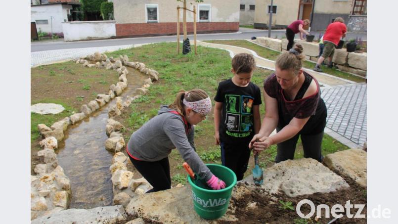 Daniela Dotzler (rechts), die die Kinder- und Jugendgruppe des OGV Großschönbrunn leitet, zeigte dem Nachwuchs, wie die Ritzen zwischen den großen Steinquadern mit Erde gefüllt worden, damit dort Hauswurz gepflanzt werden kann. Bild: ads
