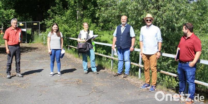 Auf der gesperrten Schwarzachbrücke verschafften sich die Teilnehmer der Auftaktbesprechung, darunter Bürgermeister Maximilian Beer (Zweiter von rechts) und VG-Geschäftsstellenleiter Jürgen Steinbauer (links daneben), ein Bild von der Situation. Bild: Roland Wach/exb