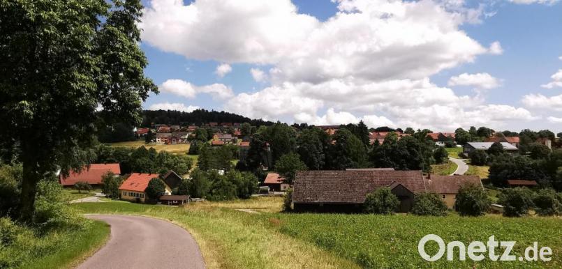 Die Ortschaft Fuchsberg mit Bubenlohe (unten), dem Ortskern (mittig hinter den Bäumen) sowie der gewachsenen Siedlung schmiegt sich an einen Südhang zwischen Teunz und Kühried. Bild: Portner