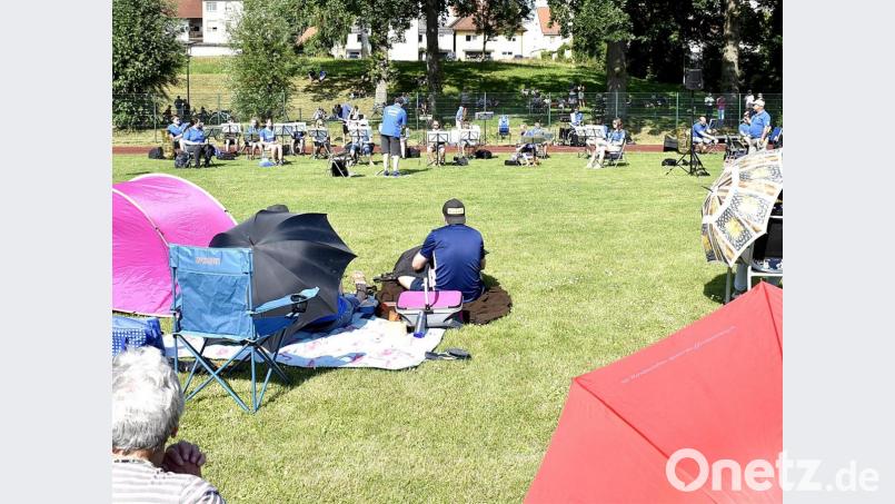 Die Zuhörer machen es sich gemütlich beim Blasmusik-Picknick mit dem Kleinen Nachwuchsorchester und Dirigent Ludwig Riedhammer. Bild: sck