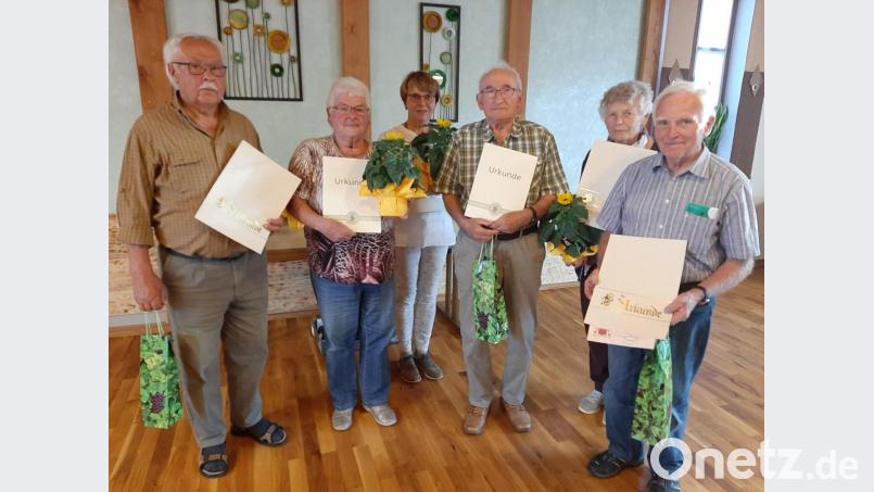 Ein Teil der Geehrten: (von links) Josef Wittmann, Irmgard Hasmann, Gertrud Schalanda, Hans Gmehling, Erika Steger und Josef Haberberger. Bild: OGV Michelfeld/exb