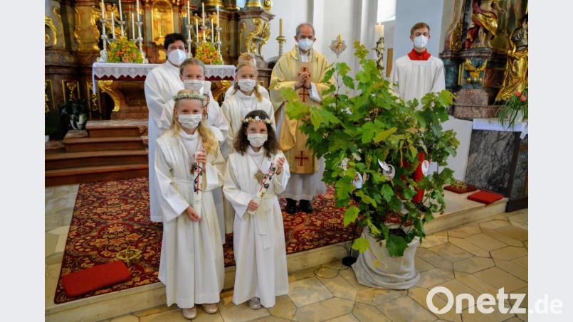 Pfarrer Johann Hofmann und Gemeindereferentin Barbara Schlosser (hinten, links) zusammen mit den vier Kommunionmädchen nach dem Festgottesdienst, dessen Motto „der Weinstock und seine Reben“ war. Bild: fdl