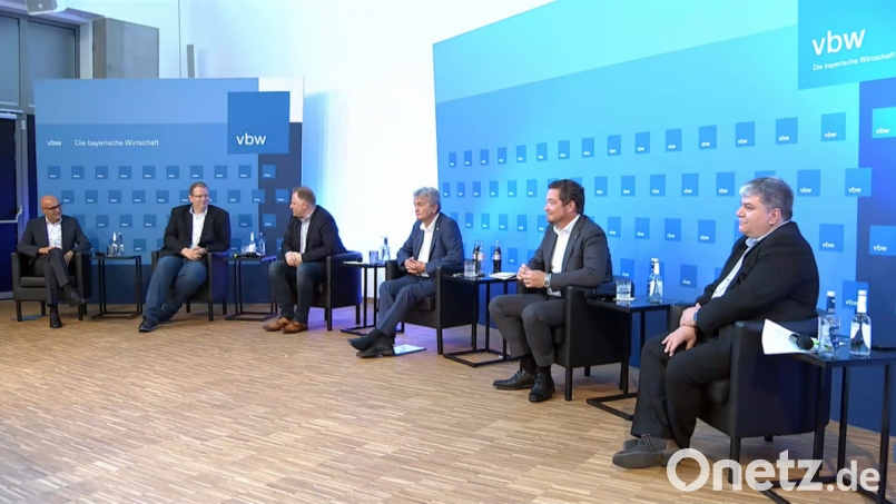 Die Diskussionsrunde: (von links) Johann Götz (Arbeitsagentur Regensburg), Ulrich Lechte (FDP), Peter Aumer (CSU), Moderator Bertram Brossardt (VBW), Uli Grötsch (SPD) und Stefan Schmidt (Grüne). Screenshot: gib