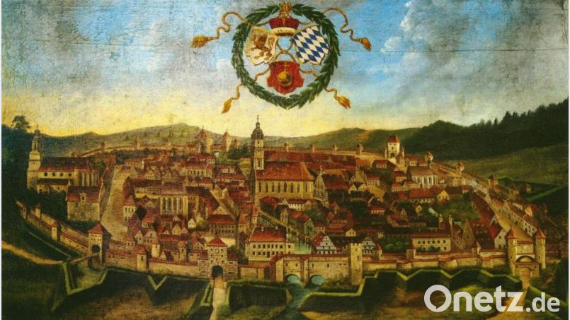 Amberg im 17. Jahrhundert: St. Georg (von links), Neutor, Schloss und Nabburger Tor. Im Hintergrund Ziegel- und Vilstor. Bild:  Stadtmuseum Amberg.
