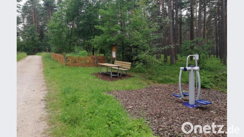 Vorbei am Kneipp-Kräutergarten (eingezäunt im Hintergrund) und den Senioren-Sportgeräten führt die kurze Schleife des neuen Kneipp-Wanderwegs. Bild: dhi