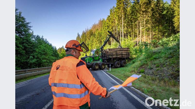 Robert Sieber, Forstwirt bei den Bayerischen Staatsforsten, sichert eine Holzrückemaschine auf der Staatsstraße zwischen Weidenberg und Warmensteinach, die dort verkehrsgefährdende Bäume abtransportiert. Bild: Martin Hertel/exb