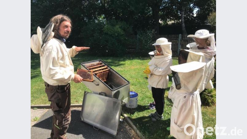 Gut geschützt lernten die Kinder beim Ferienprogramm 2020 bei der Firma Schmelzer viel über Bienen und die Imkerei. Die Kinder bekamen auch Einblicke in die Metallverarbeitung im Unternehmen. Archivbild: Laura Kittner/exb