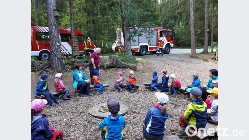 Mit mehreren Einsatzfahrzeugen war die Feuerwehr Kemnath zu den &quot;Waldbären&quot; in den Waldkindergarten bei Anzenberg angerückt. Kreisbrandinspektor Otto Braunreuther (stehend) informierte die Kleinen kindgerecht über drohende Gefahren im Wald - bei Feuer und Unwetter. Bild: mde