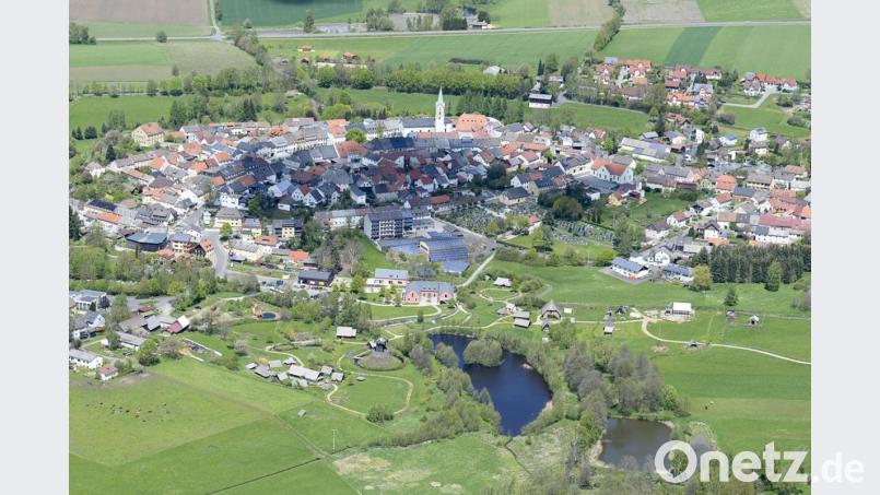 Der Geschichtspark Bärnau-Tachov (südlich, rund um den Weiher) feiert am 30. Juli 2021 seinen 10. Geburtstag. Auf dem mittlerweile 8,3 Hektar großen Gelände wurden bisher 8,2 Millionen Euro investiert. Bild: mür