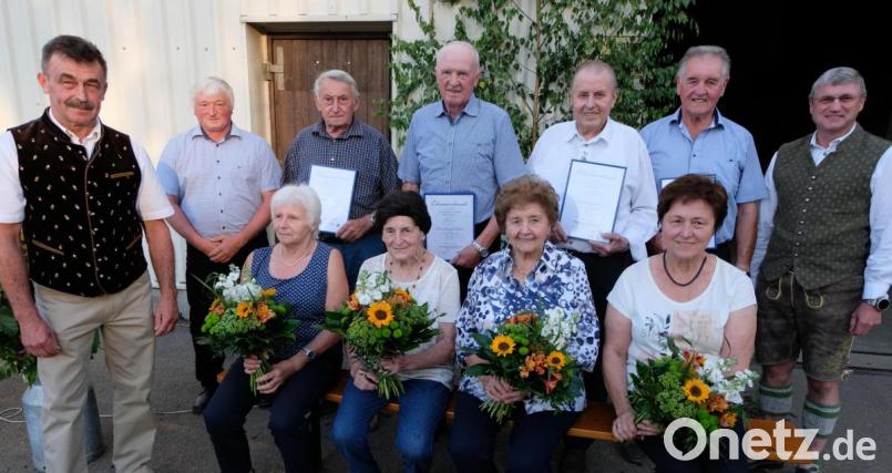 Sie haben sich verdient gemacht und wurden ausgezeichnet. Stehend von links: Vorsitzender Manfred Venzl, 2. Vorsitzender Walter Pröls, Richard Prölß, Ernst Wagner, Erwin Herfurth, Willi Meierhöfer und Bankdirektor Jürgen Schnappauf. Sitzend die Frauen der Jubilare. Bild: le
