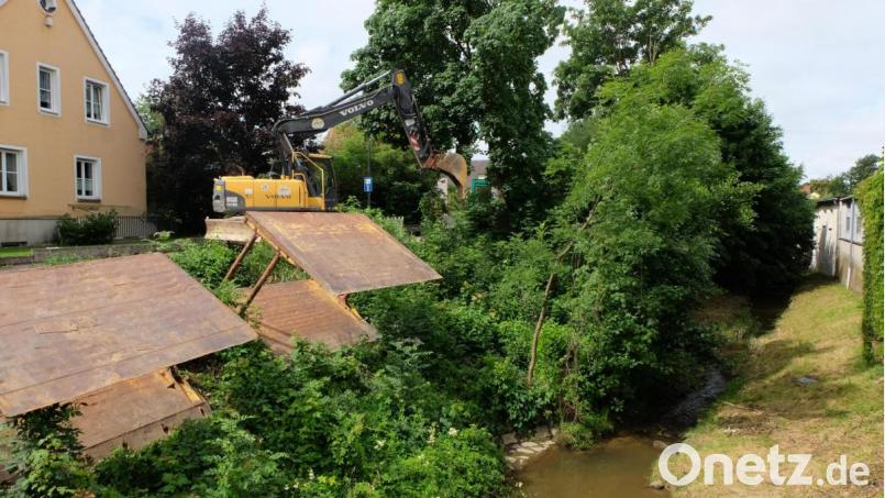 Derzeit sind die Bagger der Firma Pichl in der Krankenhausstraße in Vilseck im Einsatz, um den Ablauf am Regenrückhaltebecken zu erneuern. Damit die Arbeiten im Uferbereich ausgeführt werden können, mussten in diesem Bereich einige größere Bäume gerodet werden. Bild: Stefanie Gradl