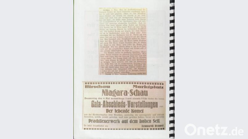 Eine echte Sensation waren im Mai 1926 die Vorstellungen der Seilkünstlertruppe von Leonardi Renner. Entsprechend groß waren die Ankündigung der Sensationsveranstaltung, deren Besuch und die Berichte darüber. Bild: u