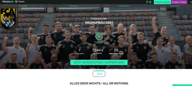Der Link auf der Homepage des FC Amberg führt zum aktuellen Stand der Crowdfunding-Aktion. Nur 25 Prozent der erhofften Summe sind bisher eingegangen. Screenshot: www.fairplaid.org/fcamberg (ref)
