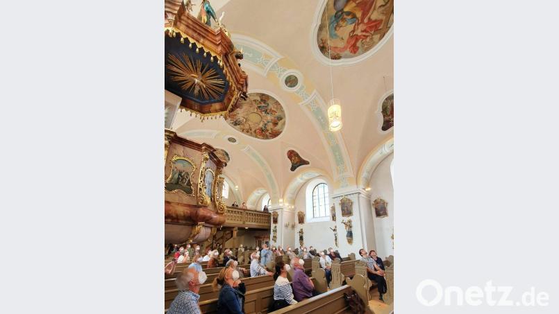 Ingrid Leser erläutert die Deckengemälde in der Barockkirche in Schwarzenbach. Bild: tsp