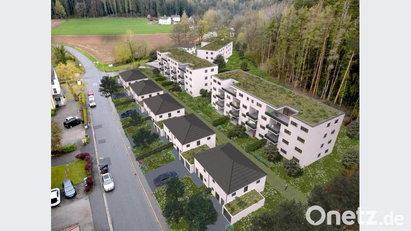 Zehn Doppelhaushälften, zwei Einfamilienhäuser sowie drei große Geschosswohnungsbauten sieht der Entwurf des Bebauungsplanes &quot;Horbach&quot; an der Etzenrichter Straße/Ecke zum Burgstall vor. Bildmontage:  R+K Projektbau I