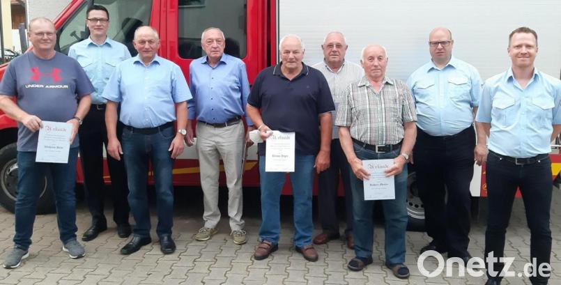 Die Feuerwehr Hiltersdorf ehrt bei ihrer Jahreshauptversammlung langjährige Mitglieder. Bild: Leah Schwarz/exb