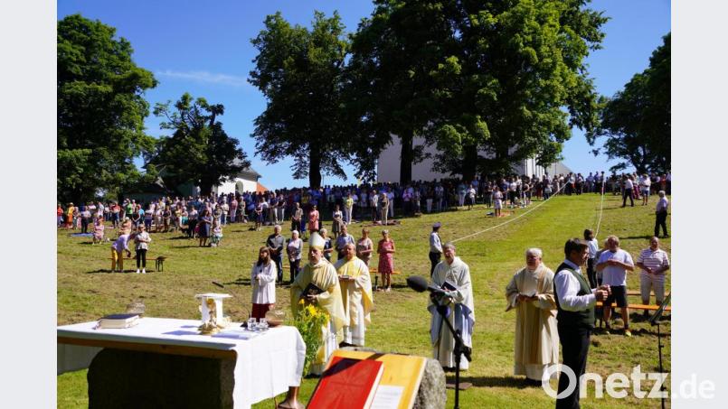 Beim Festgottesdienst mit Weihbischof Reinhard Pappenberger (vorne Mitte) meint es die Sonne besonders gut mit den vielen Gläubigen, sie feiern im kühlenden Schatten der großen Bäume am Freialtar. Bild: fvo