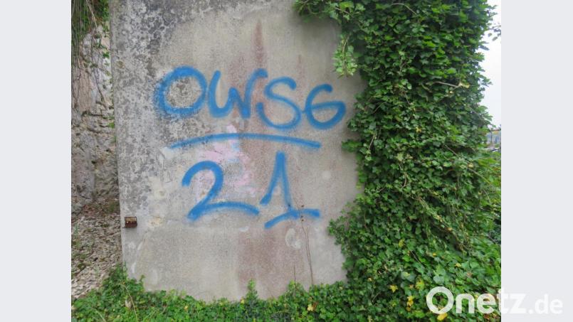 Mit blauer Farbe prangt an etlichen öffentlichen und privaten Fassaden in Sulzbach-Rosenberg der Graffiti-Schriftzug &quot;OWSG 21&quot;. Bild: Polizei Sulzbach-Rosenberg/exb