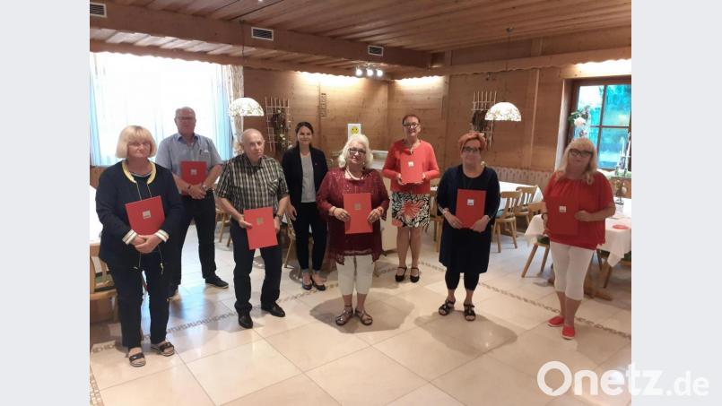 Die Geehrten mit (von links) Johanna Haner, Josef Bonczyk, Johann Gollwitzer, Sabrina Schlecht-Wanderer, Anita Fritsch, Maria Sauer, Maria Stehle, Gerda Berlitz-Kleine, Michaela Treml, Jürgen Roll; Reinhard Roll und Martin Meyer waren entschuldigt. Bild: tok