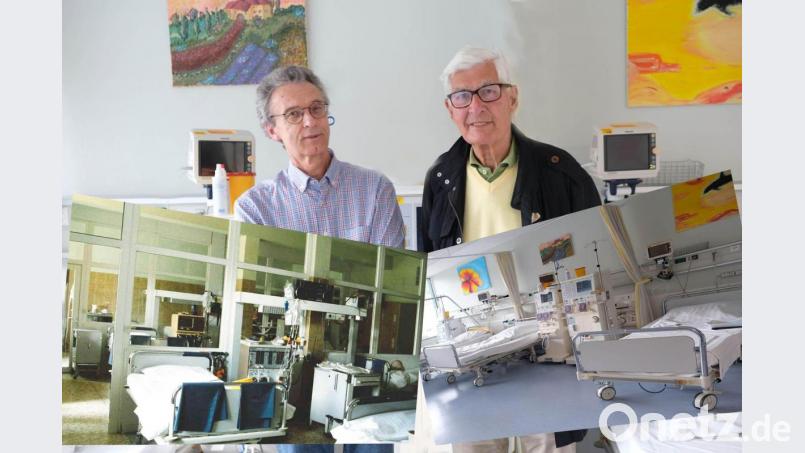 Dr. Lothar Kornalik, Ärztlicher des KfH-Nierenzentrums Amberg sowie Nephrologe am Klinikum St. Marien, und Dr. Nikolaus Luz (rechts), der die Dialyseabteilung 1971 aufgebaut hat, auf der heutigen Dialysestation. Unten links im Bild die alte Dialysestation in den 80er-Jahren. Bild: Klnikum/Dietl/exb