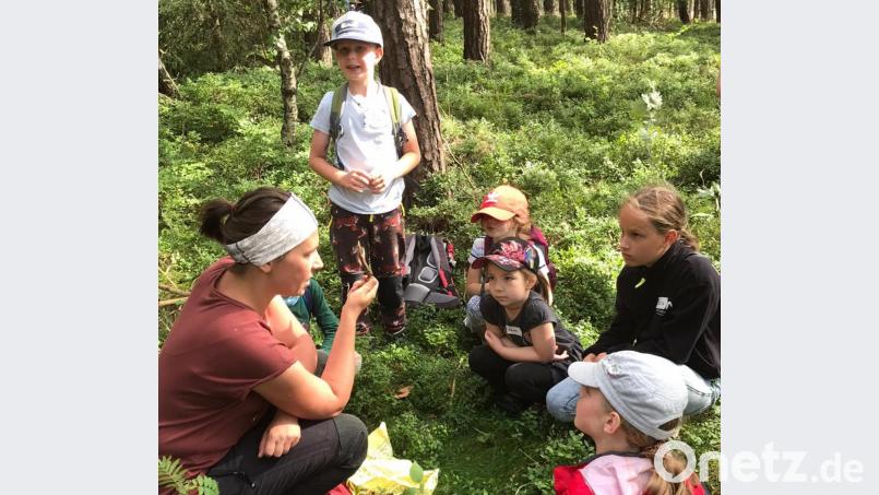 Försterin Monika Werner zeigt den Kindern, was sie im Wald so entdecken können. Bild: krb