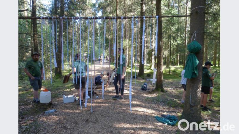 Eine muntere Kinderschar bereicherte den Holzweg mit einer neuen Attraktion: Dieser Vorhang bildet nun den "Eingang" zum Holzweg Bild: rn