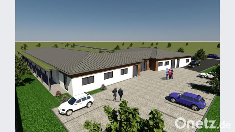 Der Blick von Norden aus auf das geplante Hospiz in Schwandorf: Zufahrt ist von der Hoher-Bogen-Straße (im Hintergrund), rechts schließt sich das Grundstück der Polizeiinspektion Schwandorf an. Im linken Baukörper sind die Räume für die Bewohner, im rechten die Büros und Funktionsräume. Bild: Architekturbüro Kartini/exb