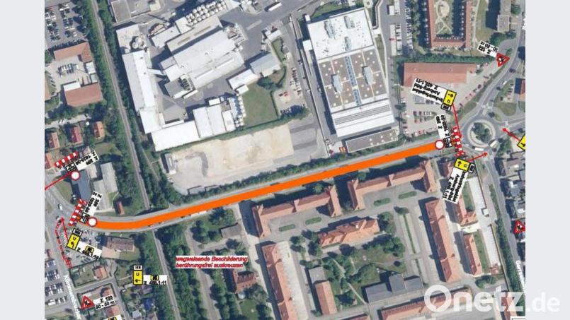 Der gesperrte Abschnitt der Leopoldkaserne ist in der Grafik rot markiert. Grafik: Stadt Amberg, Tiefbauamt/exb