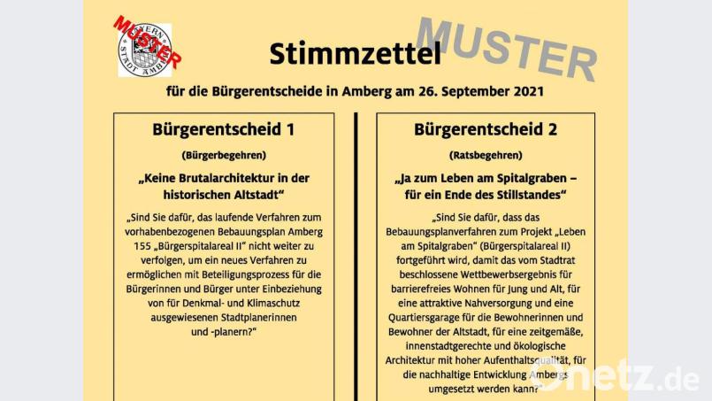 Ein Musterstimmzettel für die beiden Bürgerentscheide in Amberg: Parallel zur Bundestagswahl am 26. September entscheiden die Amberger auch über die Zukunft des Bürgerspitalgeländes. Bild: Thomas Graml, Stadt Amberg/exb