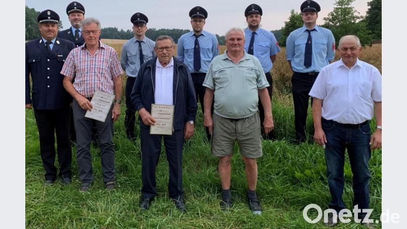 Die Feuerwehr Bühl ehrt langjährige Mitglieder und Aktive (von links): Kommandant Richard Donhauser, Vorsitzender Stephan Hartmann, Ludwig Auer, Johannes Fink, Franz Demleitner, Matthias Graf, Peter Gebhardt, Uli Amann, Michael Hellerbrand und Zweiter Bürgermeister Franz Weiß. Bild: Christian Dummer/exb