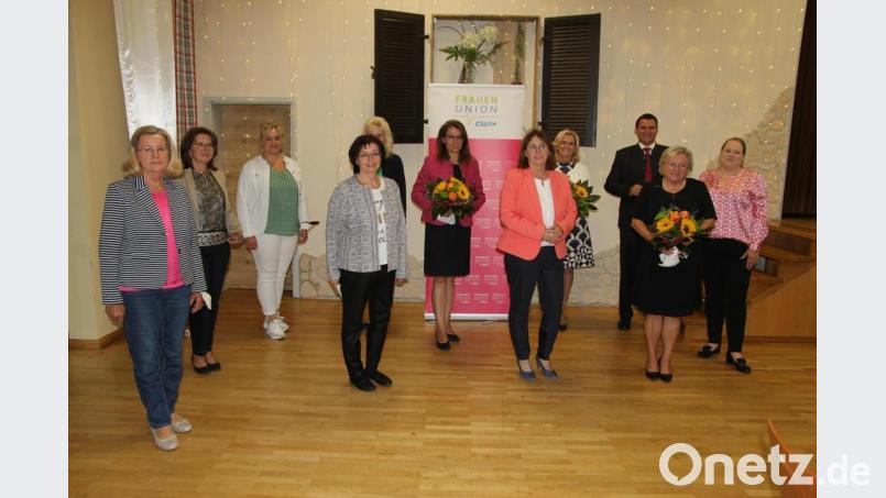 Marianne Forster (Fünfte von rechts) steht weiterhin an der Spitze der Frauen-Union im Kreisverband Schwandorf. Mit im Bild das Führungsteam und Landrat Thomas Ebeling (hinten, Zweiter von rechts) und die stellvertretende Bezirksvorsitzende Andrea Lang (rechts). Bild: ral