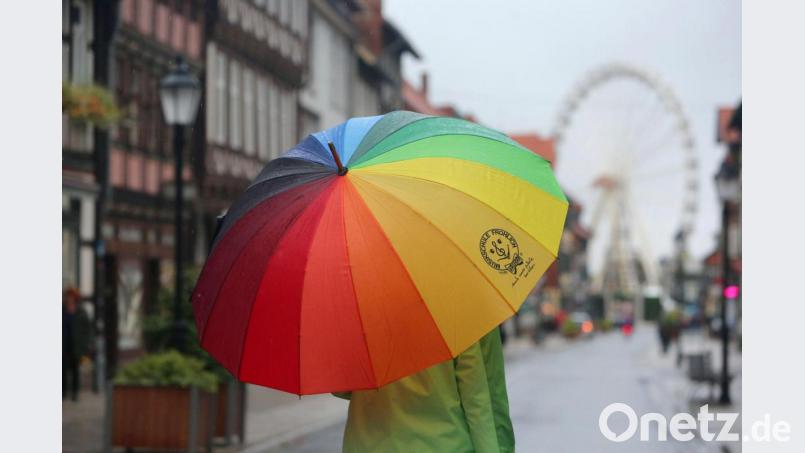 Passanten gehen bei Regenwetter durch die Fußgängerzone von Wernigerode in Sachsen-Anhalt. Bild: Matthias Bein/dpa