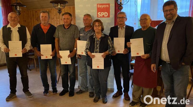 Der SPD-Ortsverein Rieden-Vilshofen ehrt langjährige Mitglieder (von links): Gerhard Schnabel, Otto Schötz, Alois Flierl, Richard Holler, Maria Holler, Vorsitzender Georg Söldner, Stefan Mesarosch und Bundestagskandidat Johannes Foitzik. Bild: Georg Söldner/exb