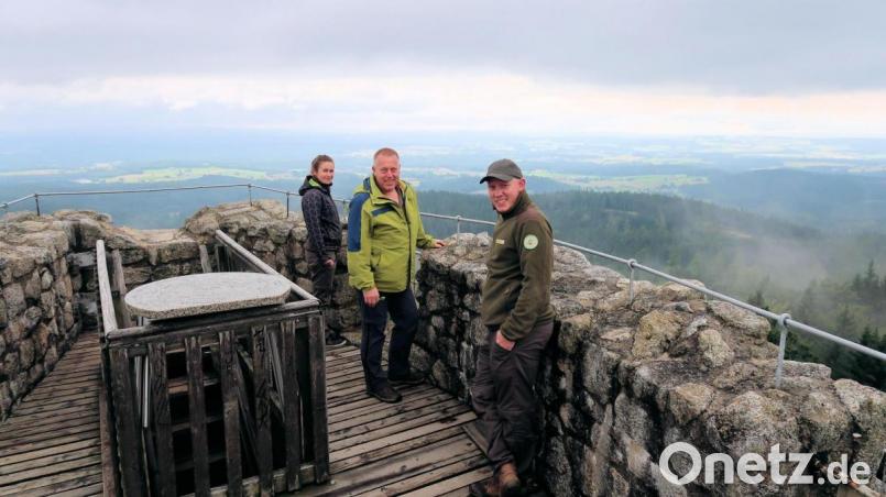 Beeindruckt von der Fernsicht auf der Burgruine Weißenstein war der Qualitäts-Scout des Verbandes Deutscher Naturparke, Jan Lippke, bei einer Exkursion mit den Rangern Marie Wittmann (links) und Jonas Ständer (rechts). Bild: bsc